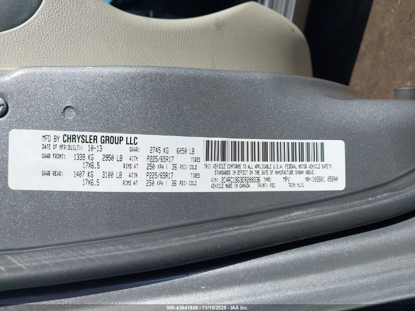 2014 Chrysler Town & Country Touring VIN: 2C4RC1BG3ER208336 Lot: 43641938