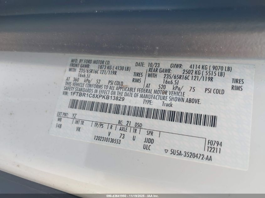 2023 Ford Transit-250 VIN: 1FTBR1C8XPKB13829 Lot: 43641950