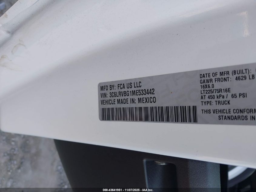 2021 Ram Promaster 1500 High Roof 136 Wb VIN: 3C6LRVBG1ME533442 Lot: 43641951