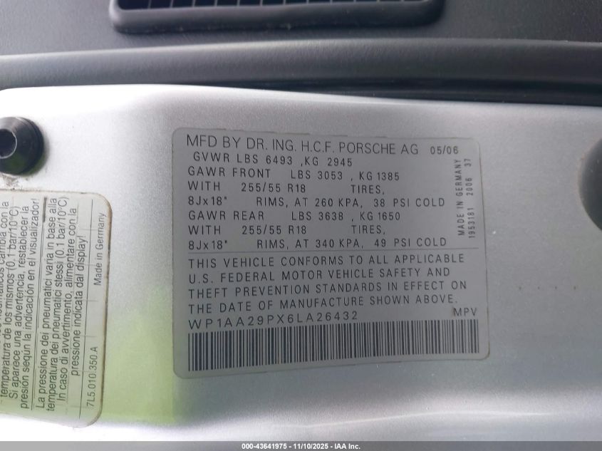 2006 Porsche Cayenne VIN: WP1AA29PX6LA26432 Lot: 43641975