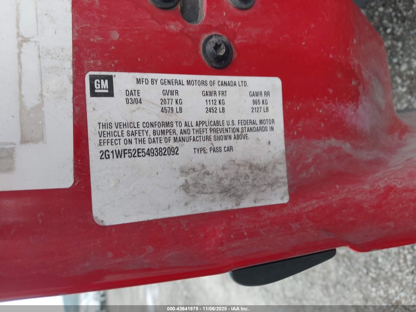 2004 Chevrolet Impala VIN: 2G1WF52E549382092 Lot: 43641979