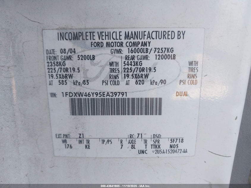 2005 Ford F-450 Lariat/Xl/Xlt VIN: 1FDXW46Y95EA39791 Lot: 43641985