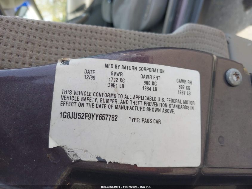 2000 Saturn Ls1 VIN: 1G8JU52F9YY657782 Lot: 43641991