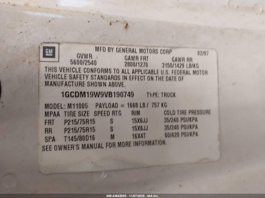 1997 Chevrolet Astro VIN: 1GCDM19W9VB190749 Lot: 43642005