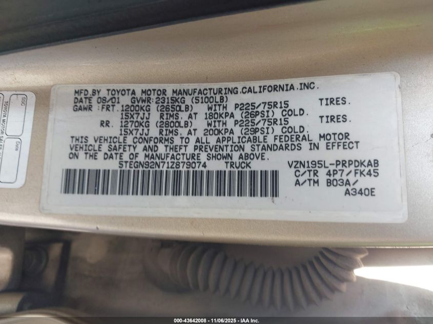 2001 Toyota Tacoma Prerunner V6 VIN: 5TEGN92N71Z879074 Lot: 43642008