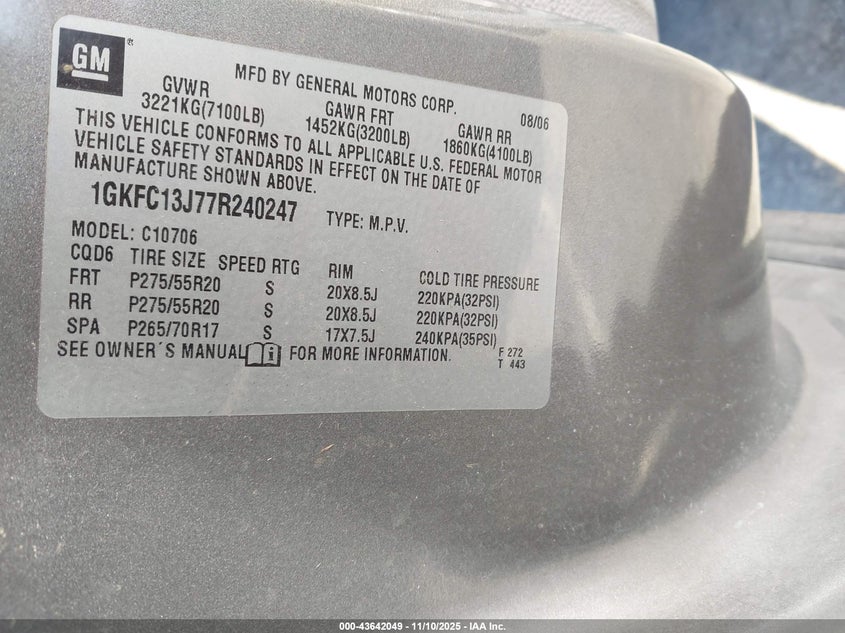 2007 GMC Yukon Slt VIN: 1GKFC13J77R240247 Lot: 43642049