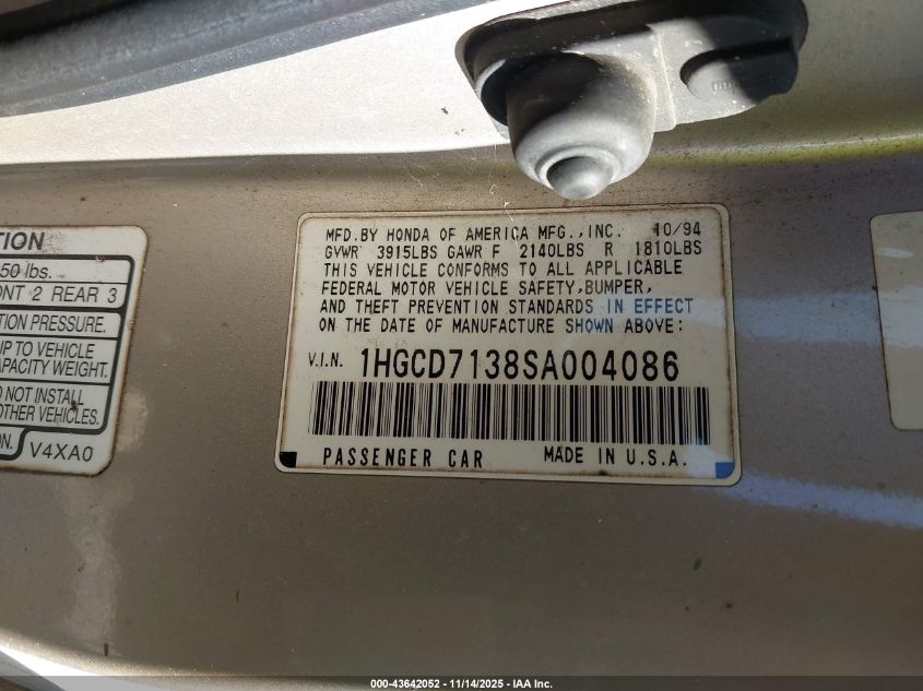 1995 Honda Accord Lx VIN: 1HGCD7138SA004086 Lot: 43642052