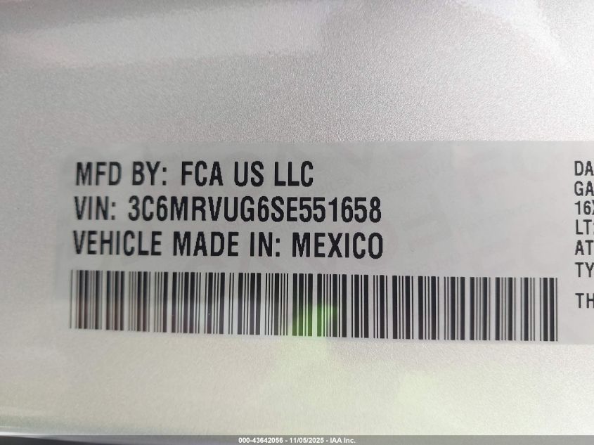 2025 Ram Promaster 3500 Window Van High Roof 159 Wb Ext VIN: 3C6MRVUG6SE551658 Lot: 43642056