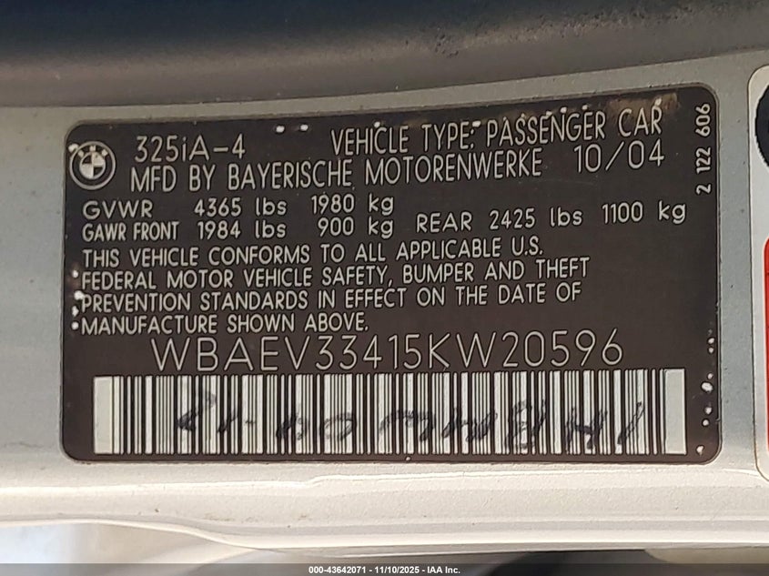 WBAEV33415KW20596 2005 BMW 3ER photo no. 9