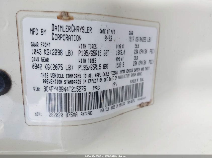 2004 Chrysler Pt Cruiser VIN: 3C4FY48B44T215275 Lot: 43642086