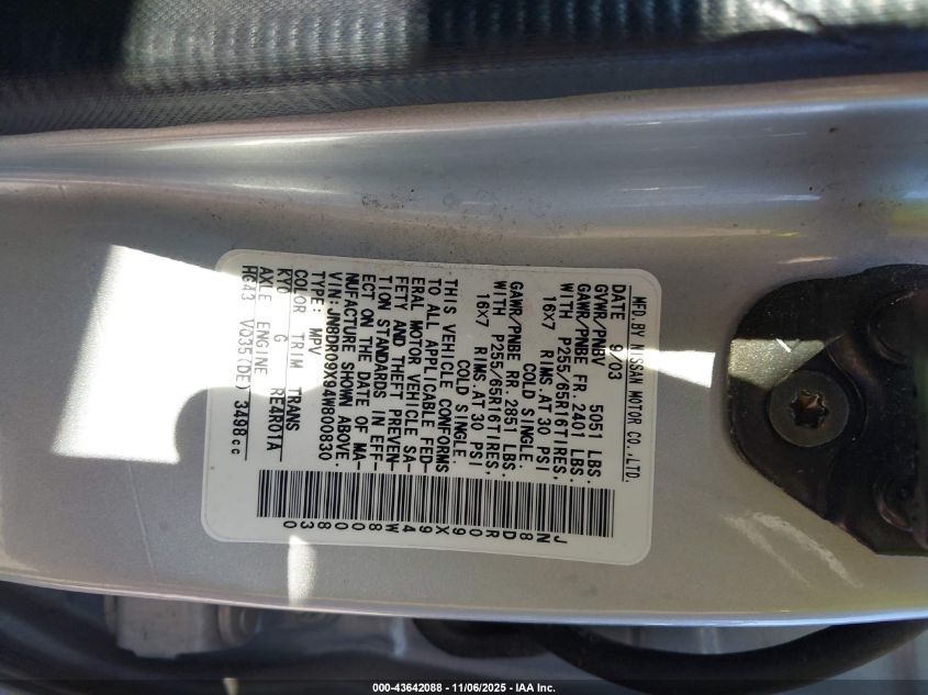 2004 Nissan Pathfinder Se VIN: JN8DR09X94W800830 Lot: 43642088