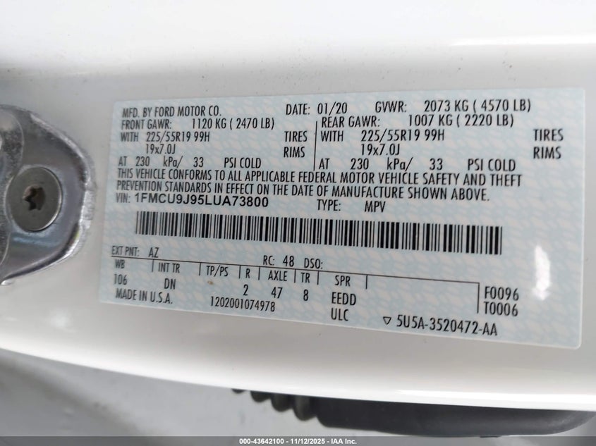 2020 FORD ESCAPE TITANIUM 1FMCU9J95LUA73800