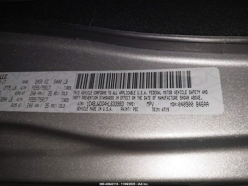 2017 JEEP WRANGLER UNLIMITED SPORT 4X4 1C4BJWDG4HL633983