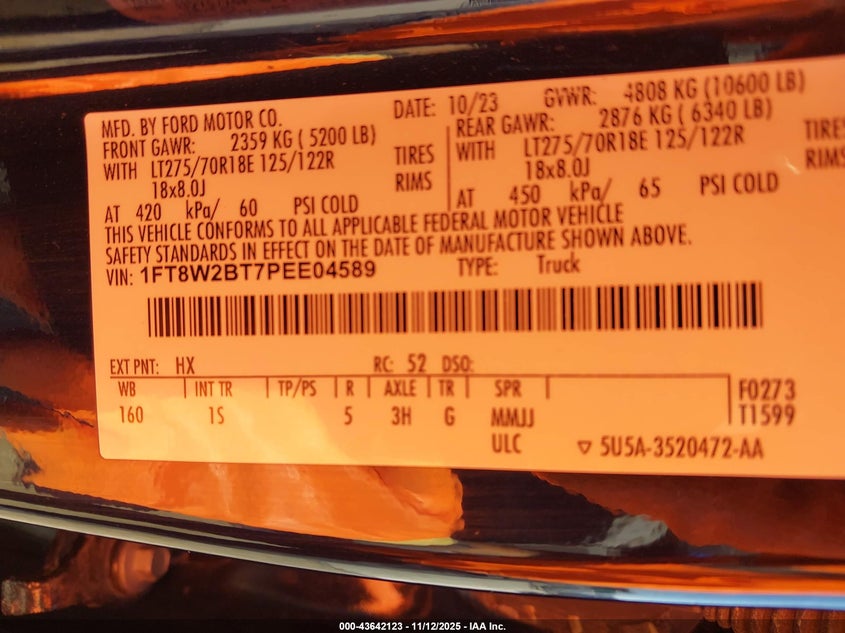 2023 Ford F-250 Xl VIN: 1FT8W2BT7PEE04589 Lot: 43642123