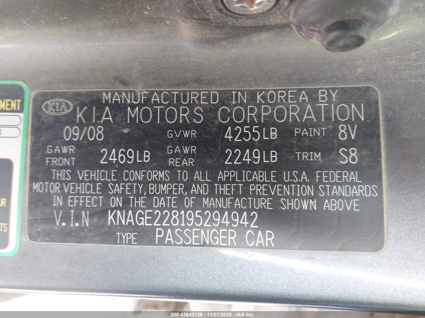 2009 Kia Optima Lx VIN: KNAGE228195294942 Lot: 43642128