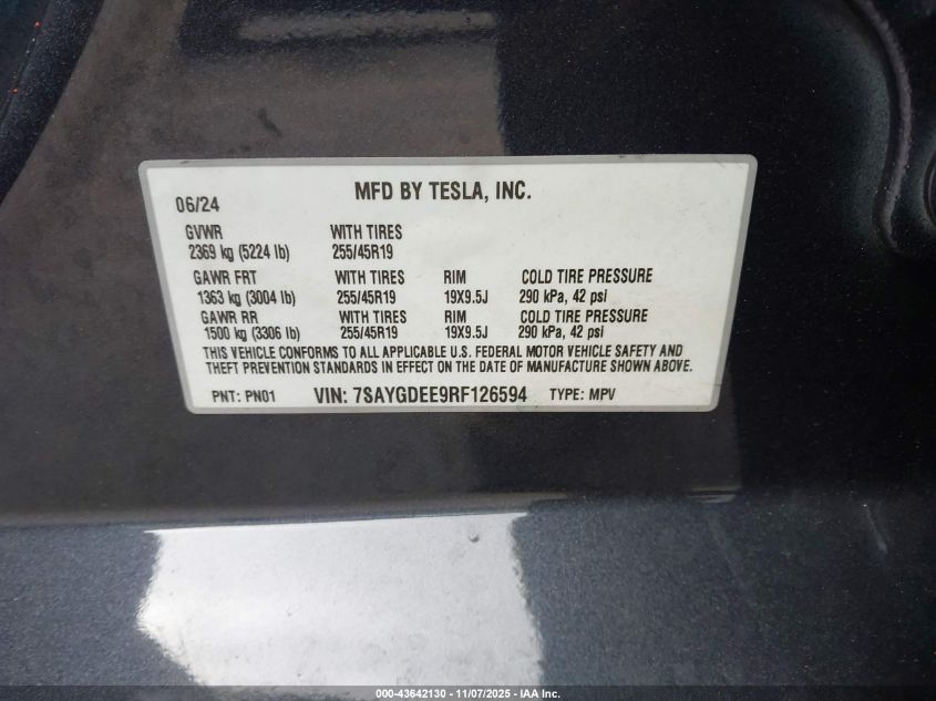 2024 Tesla Model Y Long Range Dual Motor All-Wheel Drive VIN: 7SAYGDEE9RF126594 Lot: 43642130