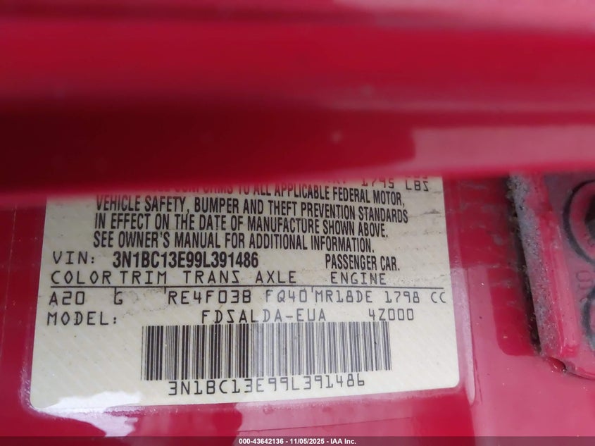 2009 Nissan Versa 1.8S VIN: 3N1BC13E99L391486 Lot: 43642136