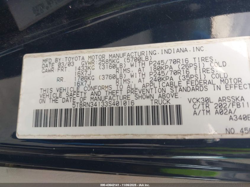 2003 Toyota Tundra Sr5 VIN: 5TBRN34133S401016 Lot: 43642141