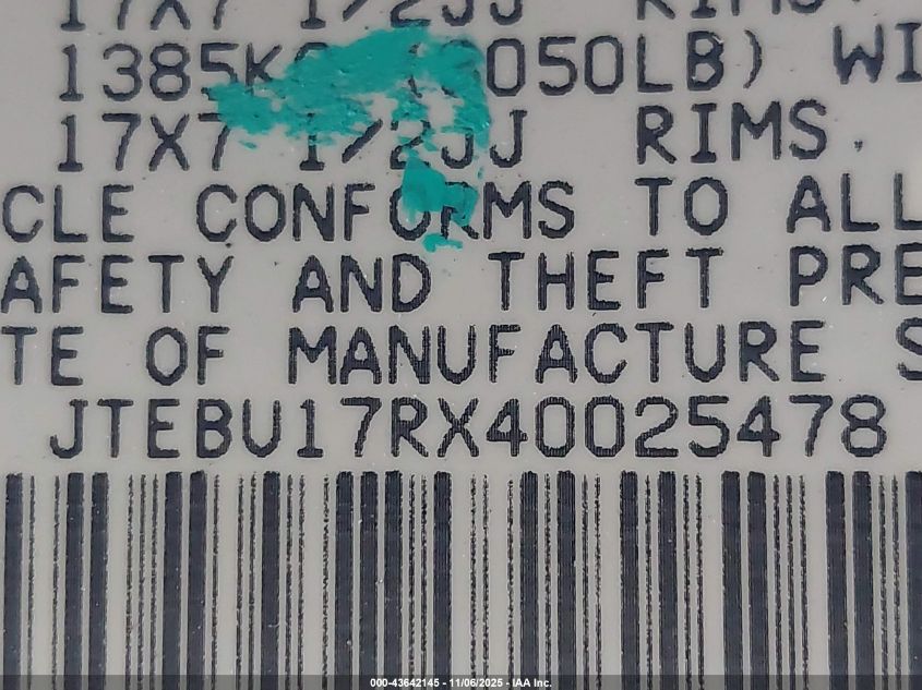 2004 Toyota 4Runner Limited V6 VIN: JTEBU17RX40025478 Lot: 43642145