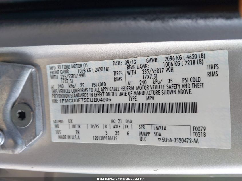 2014 Ford Escape S VIN: 1FMCU0F75EUB04906 Lot: 43642148