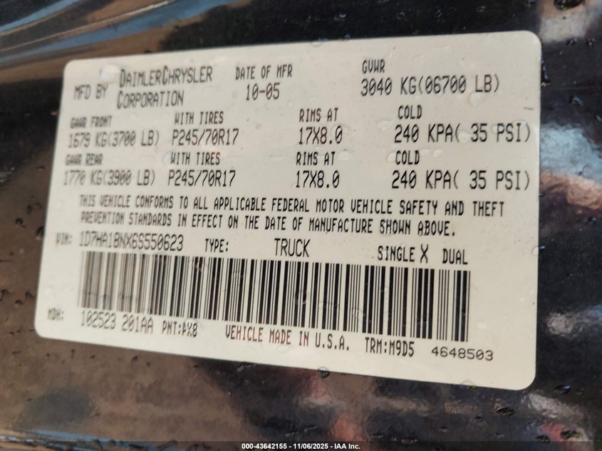 2006 Dodge Ram 1500 Slt VIN: 1D7HA18NX6S550623 Lot: 43642155