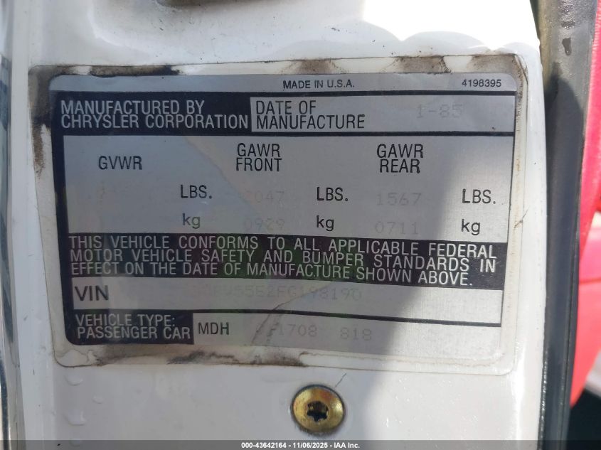 1985 Dodge 600 VIN: 1B3BV55E2FG198190 Lot: 43642164