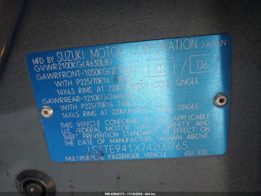 2007 Suzuki Grand Vitara VIN: JS3TE941X74200765 Lot: 43642172