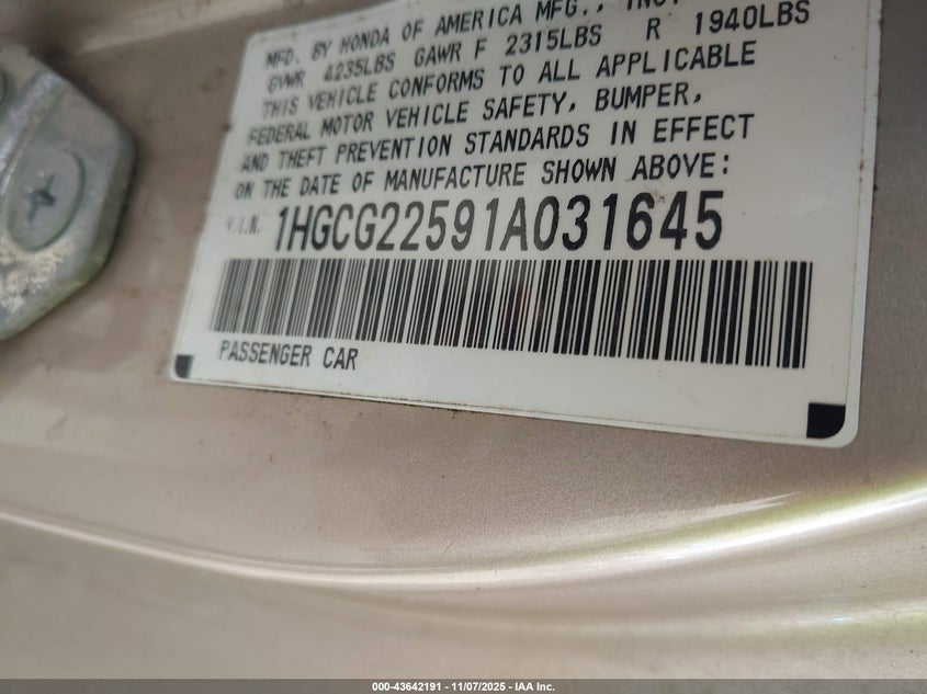 1HGCG22591A031645 2001 HONDA ACCORD photo no. 9