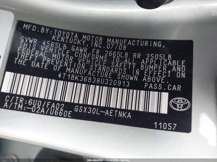 2008 Toyota Avalon Xl VIN: 4T1BK36B38U320913 Lot: 43642201