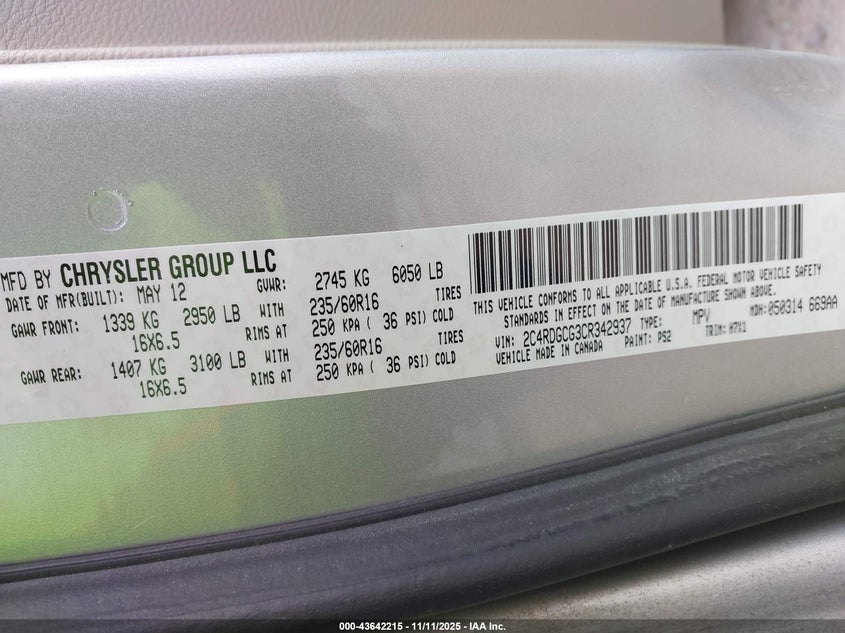 2012 Dodge Grand Caravan Sxt VIN: 2C4RDGCG3CR342937 Lot: 43642215