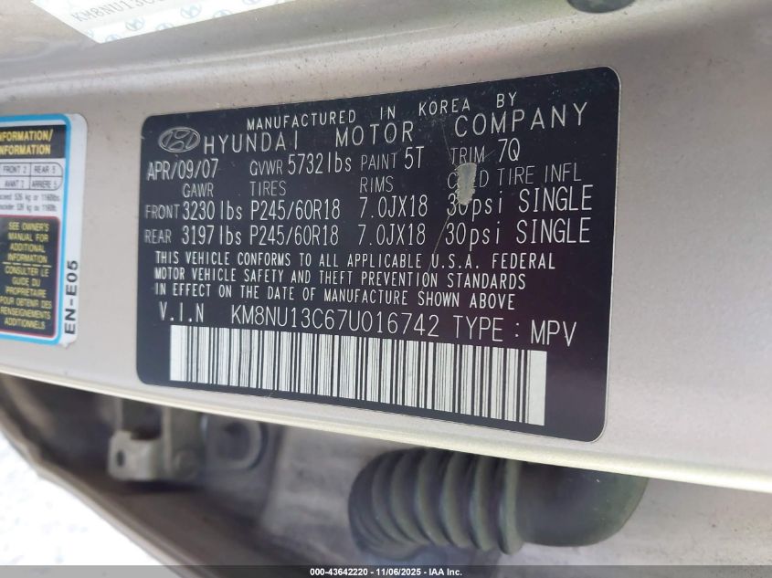 2007 Hyundai Veracruz Gls/Limited/Se VIN: KM8NU13C67U016742 Lot: 43642220