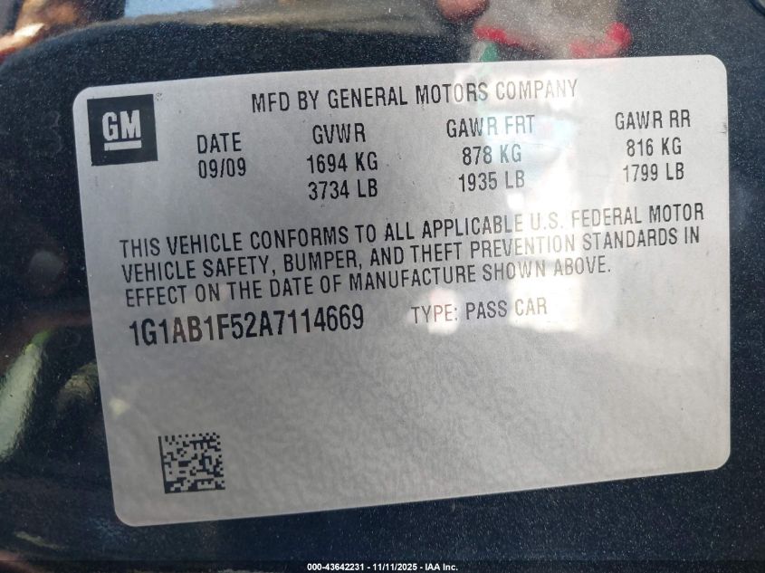 2010 Chevrolet Cobalt Ls VIN: 1G1AB1F52A7114669 Lot: 43642231