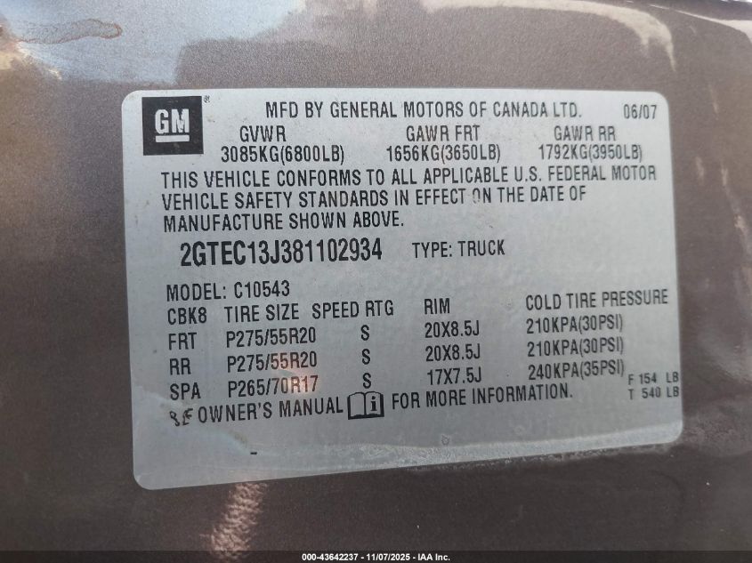 2008 GMC Sierra 1500 Sle1 VIN: 2GTEC13J381102934 Lot: 43642237