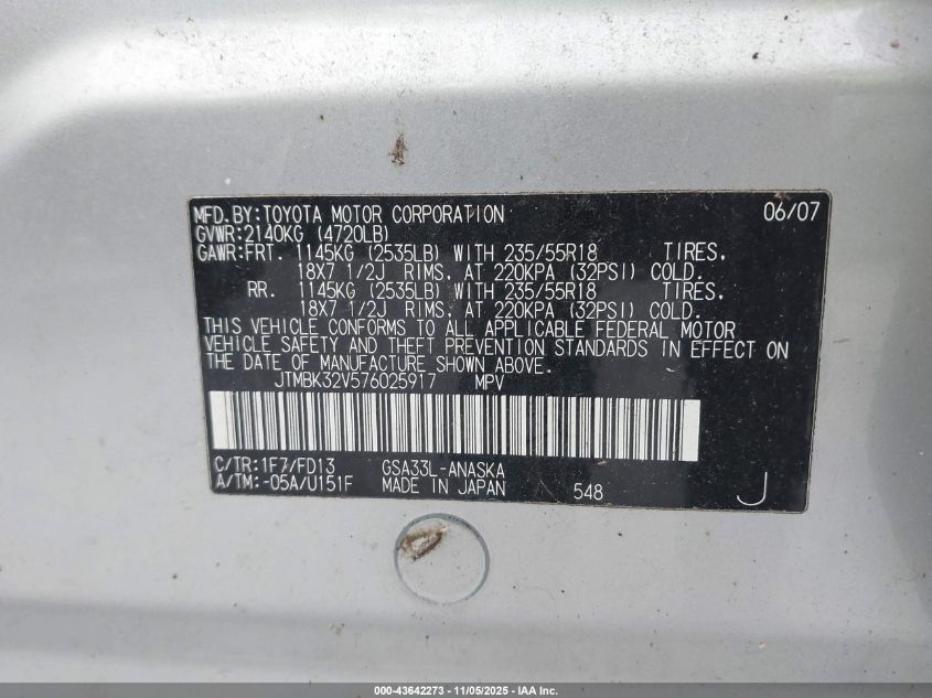 2007 Toyota Rav4 Sport V6 VIN: JTMBK32V576025917 Lot: 43642273