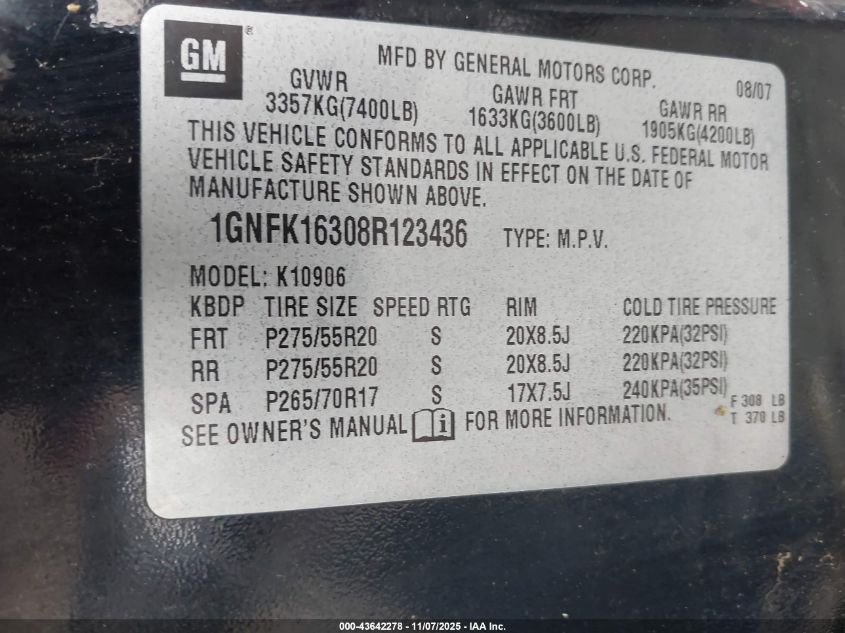 2008 Chevrolet Suburban 1500 Ltz VIN: 1GNFK16308R123436 Lot: 43642278