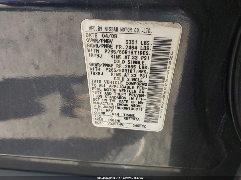 2009 Infiniti Fx35 VIN: JNRAS18UX9M100611 Lot: 43642283