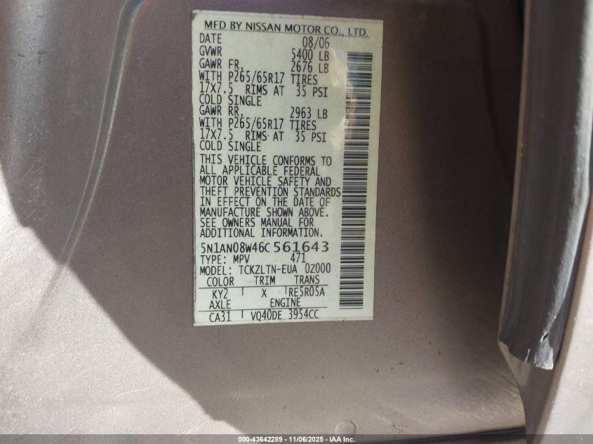 2006 Nissan Xterra Se VIN: 5N1AN08W46C561643 Lot: 43642289