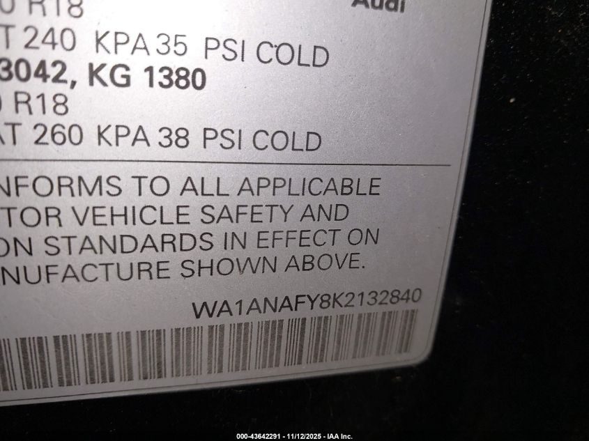 2019 Audi Q5 45 Premium VIN: WA1ANAFY8K2132840 Lot: 43642291