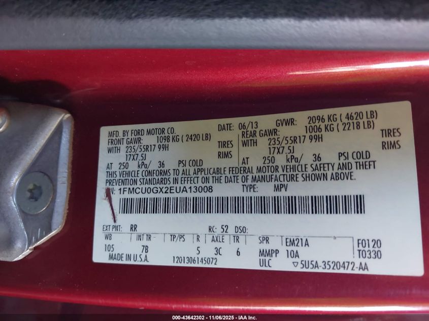 2014 Ford Escape Se VIN: 1FMCU0GX2EUA13008 Lot: 43642302