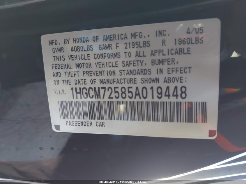 2005 Honda Accord 2.4 Lx Special Edition VIN: 1HGCM72585A019448 Lot: 43642317
