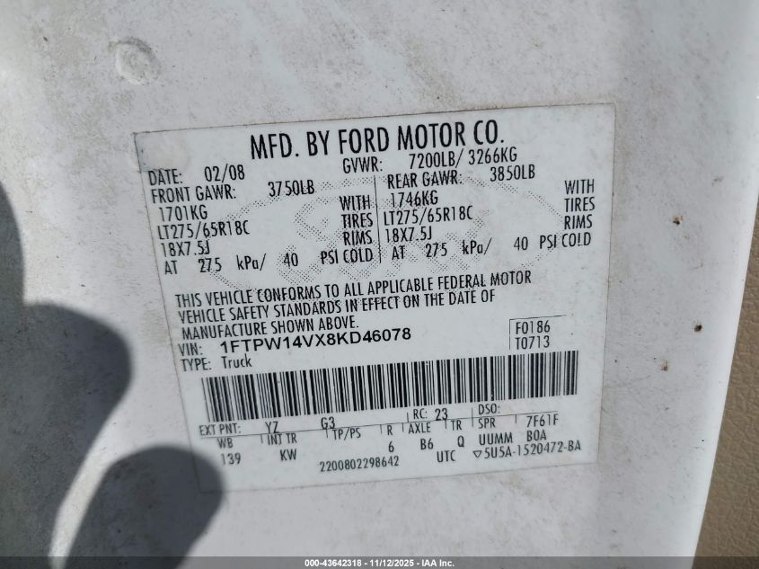 2008 Ford F-150 60Th Anniversary/Fx4/King Ranch/Lariat/Xlt VIN: 1FTPW14VX8KD46078 Lot: 43642318