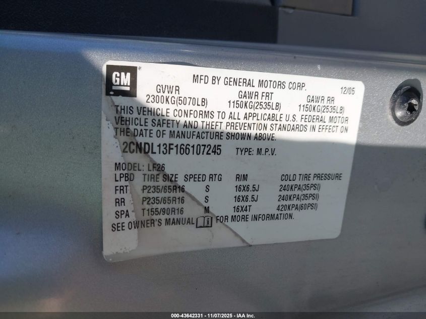 2006 Chevrolet Equinox Ls VIN: 2CNDL13F166107245 Lot: 43642331