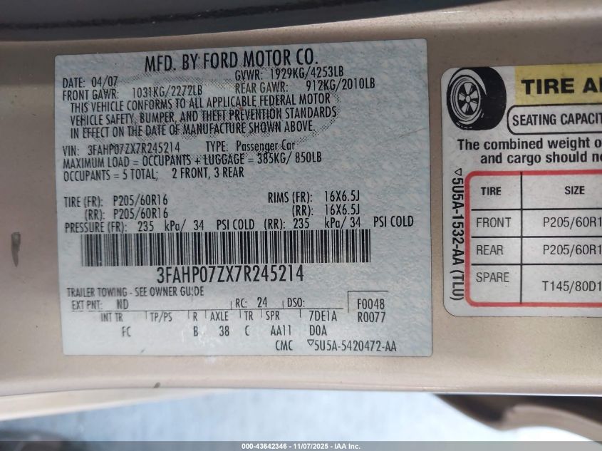 2007 Ford Fusion Se VIN: 3FAHP07ZX7R245214 Lot: 43642346