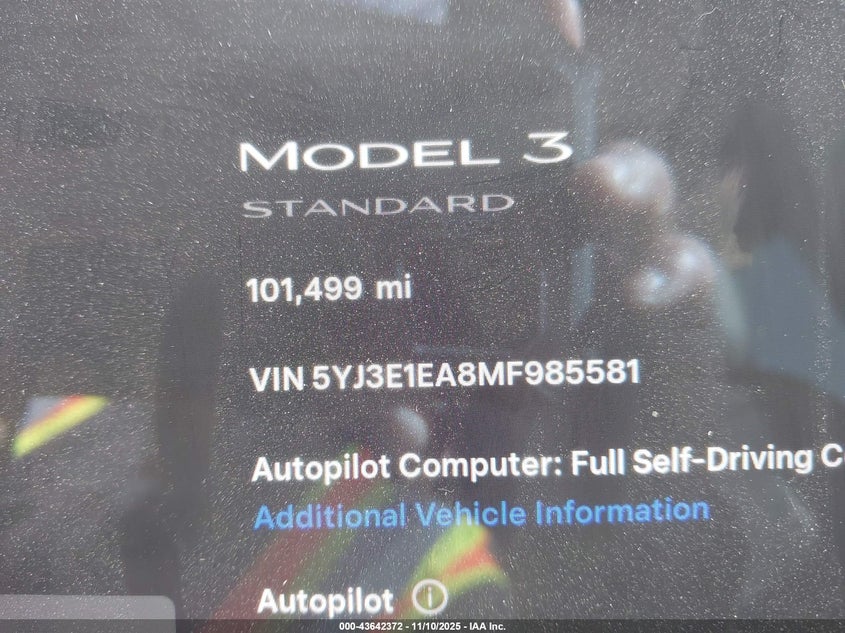 2021 Tesla Model 3 Standard Range Plus Rear-Wheel Drive VIN: 5YJ3E1EA8MF985581 Lot: 43642372