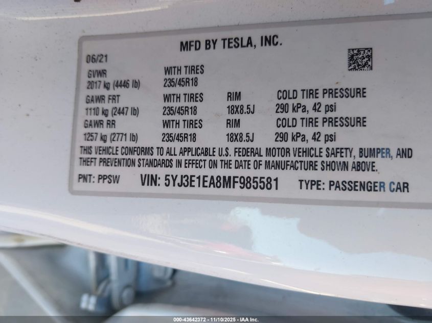 2021 Tesla Model 3 Standard Range Plus Rear-Wheel Drive VIN: 5YJ3E1EA8MF985581 Lot: 43642372