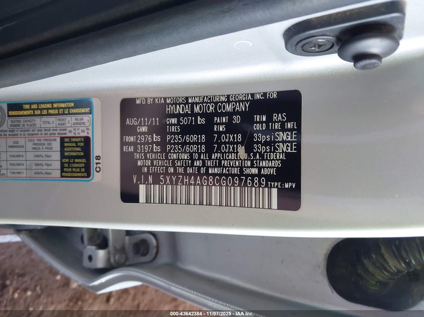 5XYZH4AG8CG097689 2012 HYUNDAI SANTA FE photo no. 9