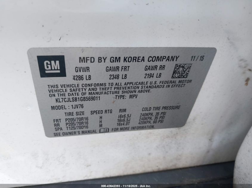 2016 Chevrolet Trax Lt VIN: KL7CJLSB1GB569011 Lot: 43642393