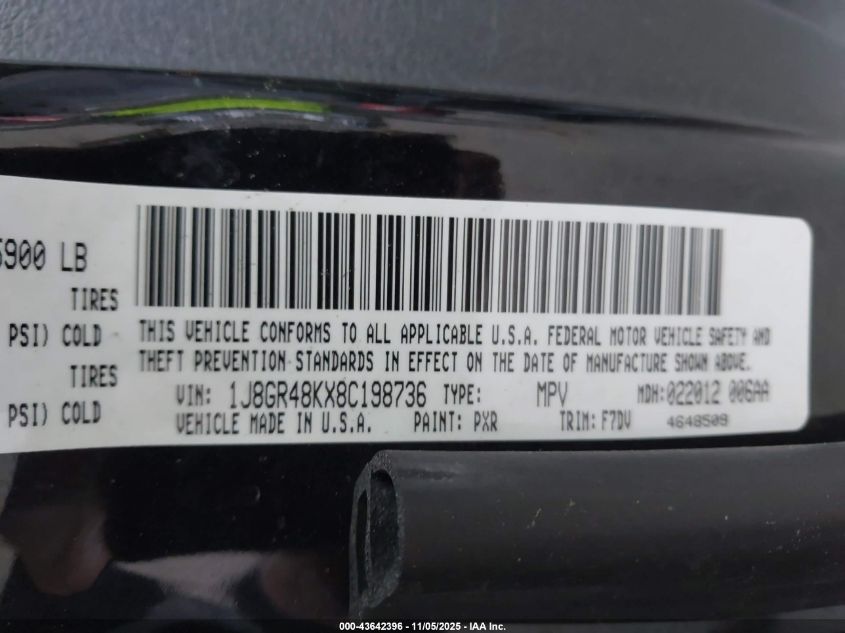 2008 Jeep Grand Cherokee Laredo VIN: 1J8GR48KX8C198736 Lot: 43642396