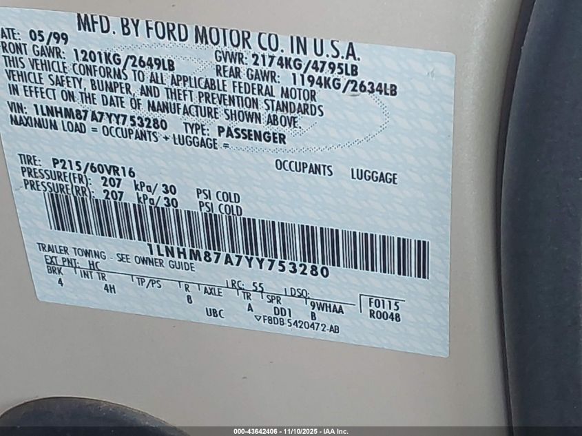 2000 Lincoln Ls V8 Auto VIN: 1LNHM87A7YY753280 Lot: 43642406