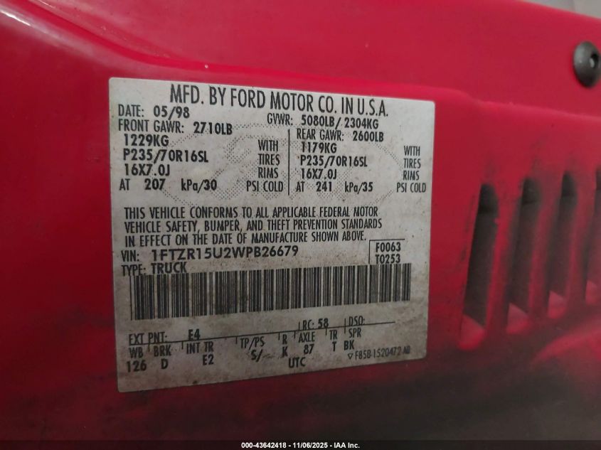 1998 Ford Ranger Splash/Xl/Xlt VIN: 1FTZR15U2WPB26679 Lot: 43642418